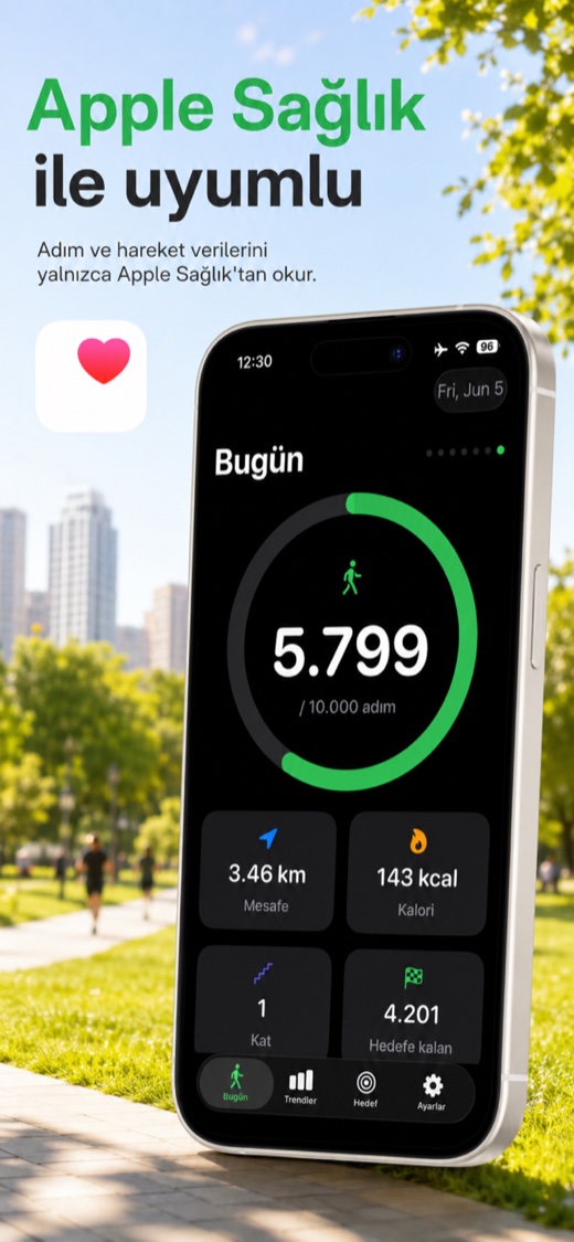 Step Counter screenshot — today's steps with distance, calories and Apple Health sync