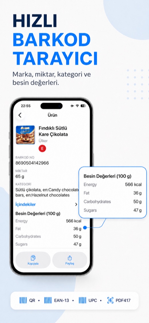 Barcode Scanner screenshot — scanned product with name, quantity and nutrition values