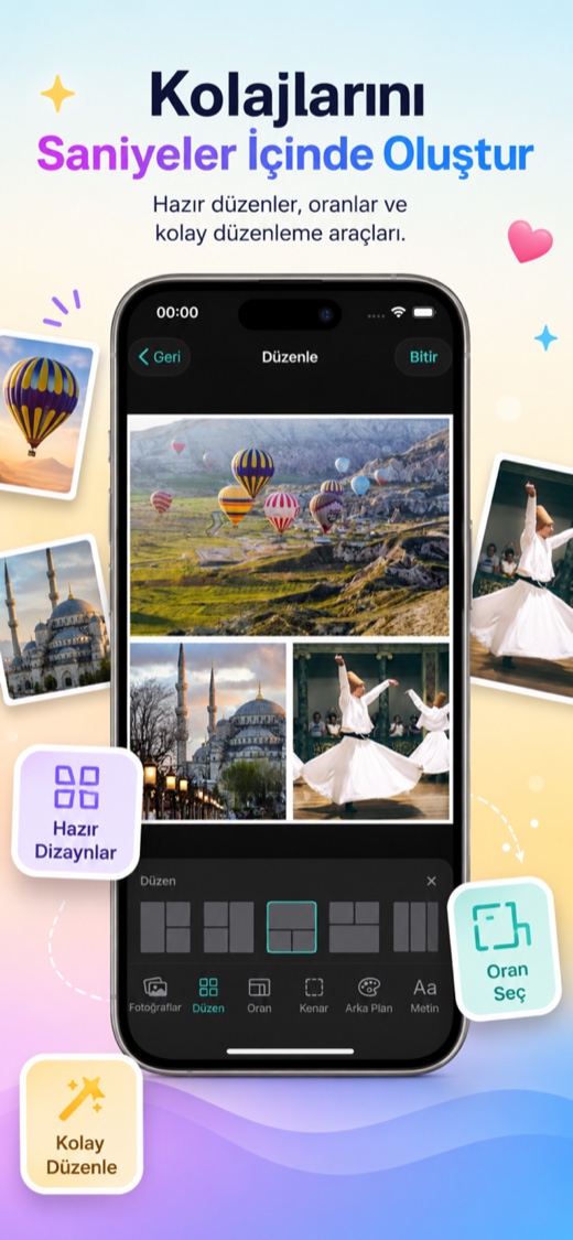 Photo Merge screenshot — collage editor with ready-made layouts and aspect ratios