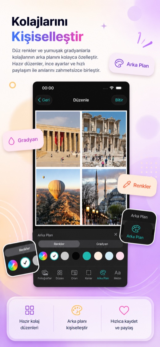 Photo Merge screenshot — personalizing a collage with gradient backgrounds and colors